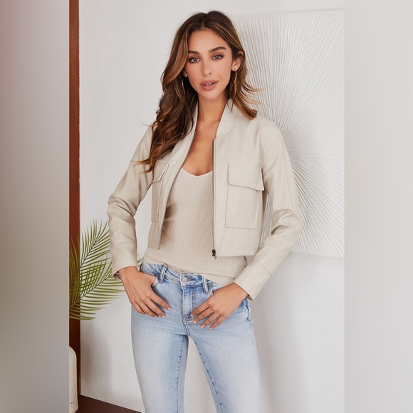 (92014-SOL-CHO) VEGAN LEATHER ZIP UP JACKET WITH FRONT POCKETS - Picture 3 of 5